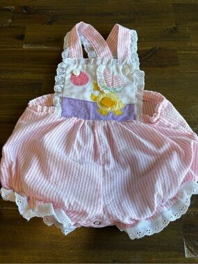 Vintage Baby Bubble Romper Stripe Ruffle Lace 6-9M Duck Kidcore Overalls Dainty